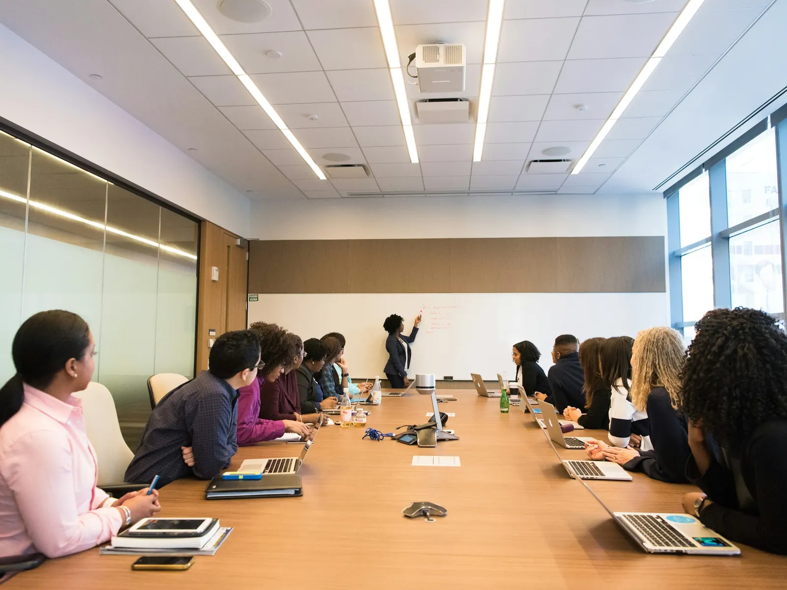 Sales team meeting around a long conference table